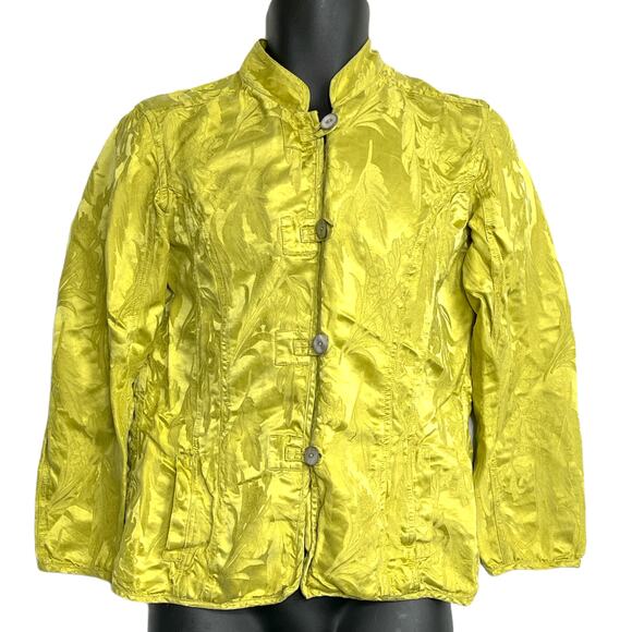 Chicos Blouse Women M Yellow Silk Mandarin Collar Floral Long Sleeve Button Up - Picture 1 of 5